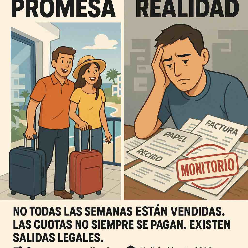 Magen dividida en dos mitades: a la izquierda, una escena vacacional idílica con un apartamento junto al mar y una pareja sonriente con maletas; a la derecha, una persona preocupada rodeada de facturas, papeles y un sello judicial con la palabra “monitorio”. El texto superpuesto indica: “no todas las semanas están vendidas. Las cuotas no siempre se pagan. Existen salidas legales”, con iconos sobre derramas extraordinarias, nulidad de contrato y cambio de titularidad.