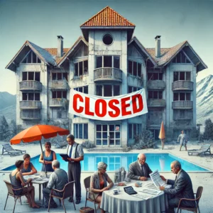 Complejo de multipropiedad en ruinas con un cartel de 'CERRADO', simbolizando la incertidumbre de los propietarios afectados por el cierre.